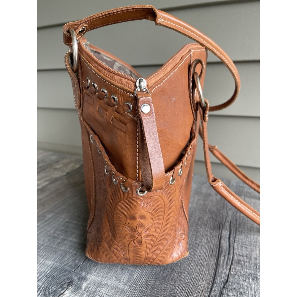 American West Embossed Tooled Leather Western Style Brown Tan Handbag Purse Bag - Picture 13 of 16